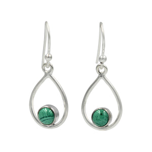Teardrop wire Earring with small round cabochon Malachite