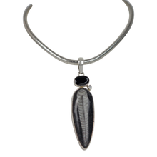 Load image into Gallery viewer, Lanog Inverted Teardop Shaped Natural Orthocerase fossils Pendant Accent with a Black Spinal and Natural Crystal
