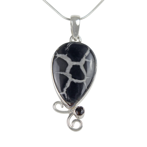 Teardrop shaped Septarian Gronate  Pendant Accents with a Smoky Quartz on Silver Work