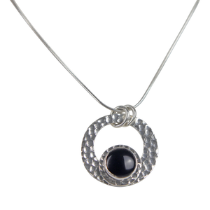 Cabochon Cut Black Spinel in a Beautifully Handcrafted Textured Sterling Silver Pendant