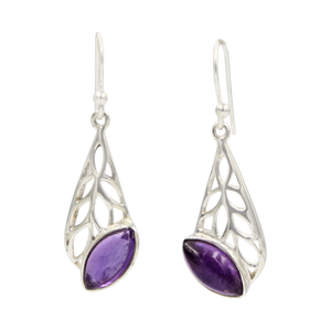 Beautifully handcrafted sterling silver Skeleton Leaf earring accent with a colourful natural Amethyst gemstone.