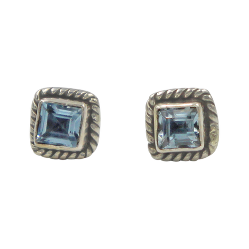 Square shaped little sterling silver gem-set stud with a Blue Topaz Gemstone surround with silver rope