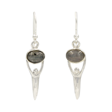 Load image into Gallery viewer, Beautifully handcrafted sterling silver drop earring accent with a cabochon Dark Labradorie
