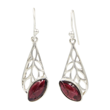 Load image into Gallery viewer, Beautifully handcrafted sterling silver Skeleton Leaf earring accent with a colourful natural Garnet gemstone.
