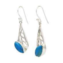 Load image into Gallery viewer, Beautifully handcrafted sterling silver Skeleton Leaf earring accent with a colourful natural Turquoise gemstone.
