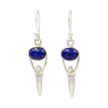 Load image into Gallery viewer, Beautifully handcrafted sterling silver drop earring accent with a cabochon Lapis Lazuli 
