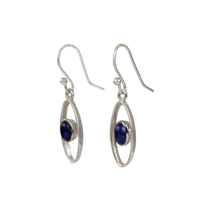 Elegant oval drop sterling silver earrings holding lapis lazuli