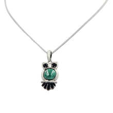 Load image into Gallery viewer, Beautiful and intricate handcrafted Owl Pendant with cabochon gemstones presented on sterling silver
