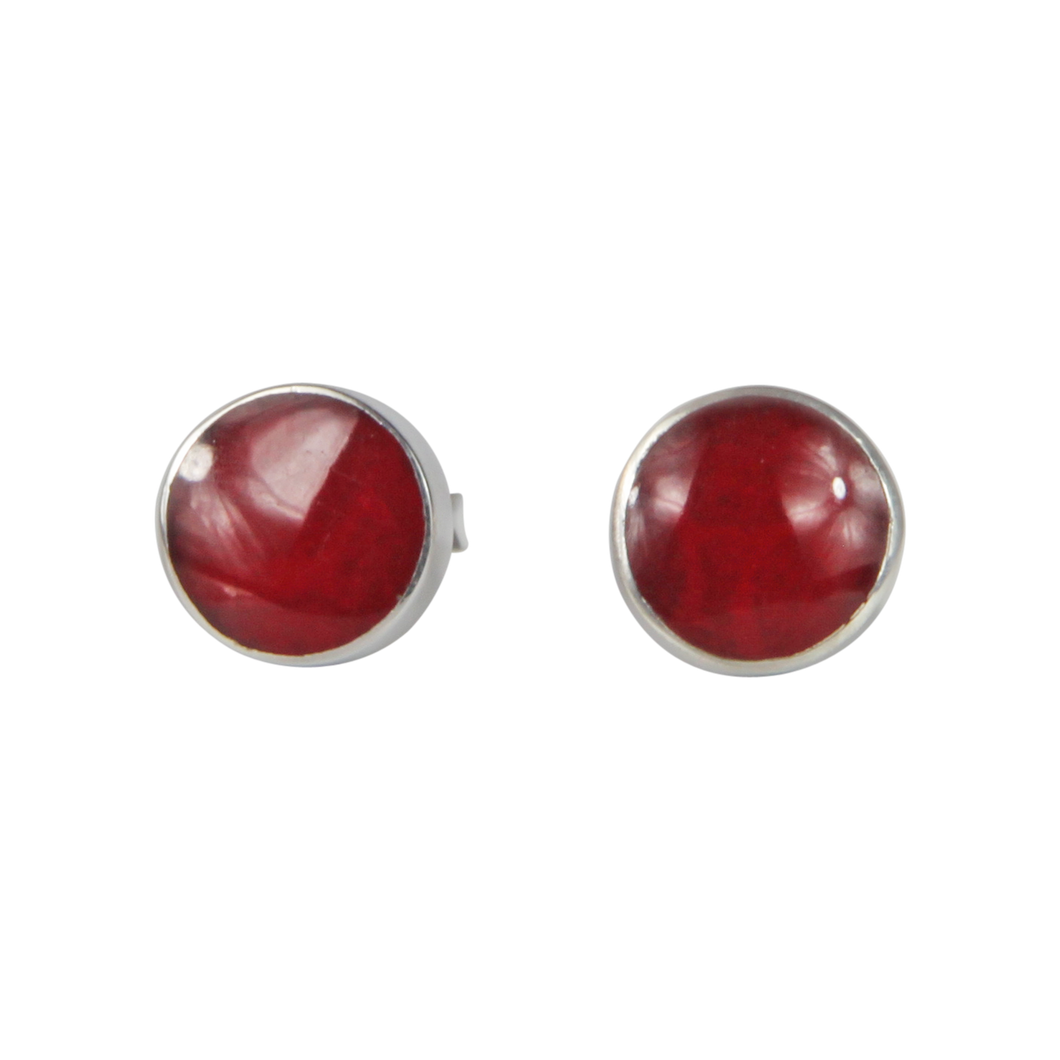 Elegant bezel set shell and coral circle studs in sterling silver