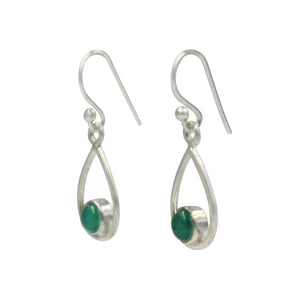 Teardrop wire Earring with small round cabochon Green Onyx