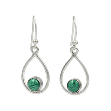 Load image into Gallery viewer, Teardrop wire Earring with small round cabochon Malachite
