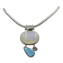 Load image into Gallery viewer, Moonstone Statement pendant accent with complementary blue colours from Blue Topaz and Larimar, Handcrafted on Sterling Silver
