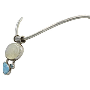 Moonstone Statement pendant accent with complementary blue colours from Blue Topaz and Larimar, Handcrafted on Sterling Silver