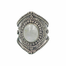 Load image into Gallery viewer, Handcrafted Sterling Silver Statement Ring with a Beautiful Cabochon cut Rainbow Moonstone
