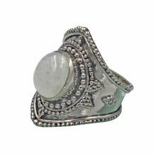 Load image into Gallery viewer, Side View - Handcrafted Sterling Silver Statement Ring with a Beautiful Cabochon cut Rainbow Moonstone
