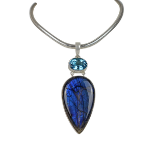 Stunning Large Labradorite and a Beautiful Blue Topaz Statement Pendant set on Sterling Silver