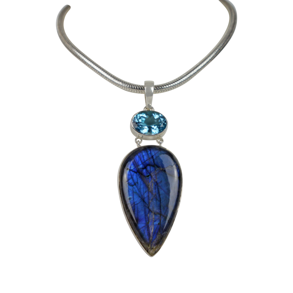 Stunning Large Labradorite and a Beautiful Blue Topaz Statement Pendant set on Sterling Silver