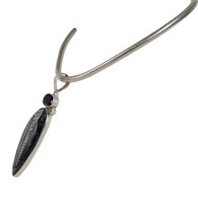 Load image into Gallery viewer, Lanog Inverted Teardop Shaped Natural Orthocerase fossils Pendant Accent with a Black Spinal and Natural Crystal
