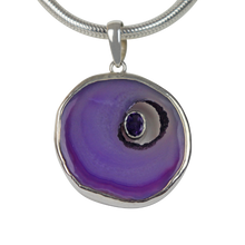 Load image into Gallery viewer, Round Purple Agate has a beautiful faceted Amethyst stone set inside the natural hollow of the agate
