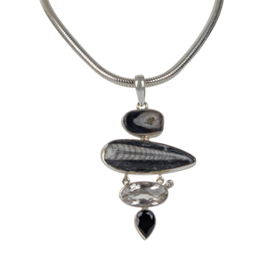 Natural Orthocerase fossils Pendant Accent with a Black Agate, Black Spinal and Natural Crystal