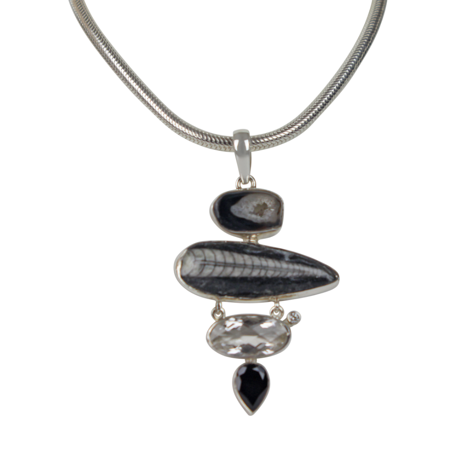 Natural Orthocerase fossils Pendant Accent with a Black Agate, Black Spinal and Natural Crystal