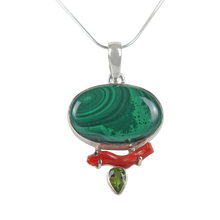 Load image into Gallery viewer, Pretty Oval shaped Malachite  Accent with a Red Coral Branch and a Beautiful Faceted Peridot
