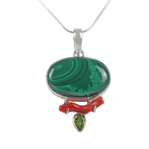 Pretty Oval shaped Malachite  Accent with a Red Coral Branch and a Beautiful Faceted Peridot