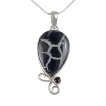 Load image into Gallery viewer, Teardrop shaped Septarian Gronate  Pendant Accents with a Smoky Quartz on Silver Work
