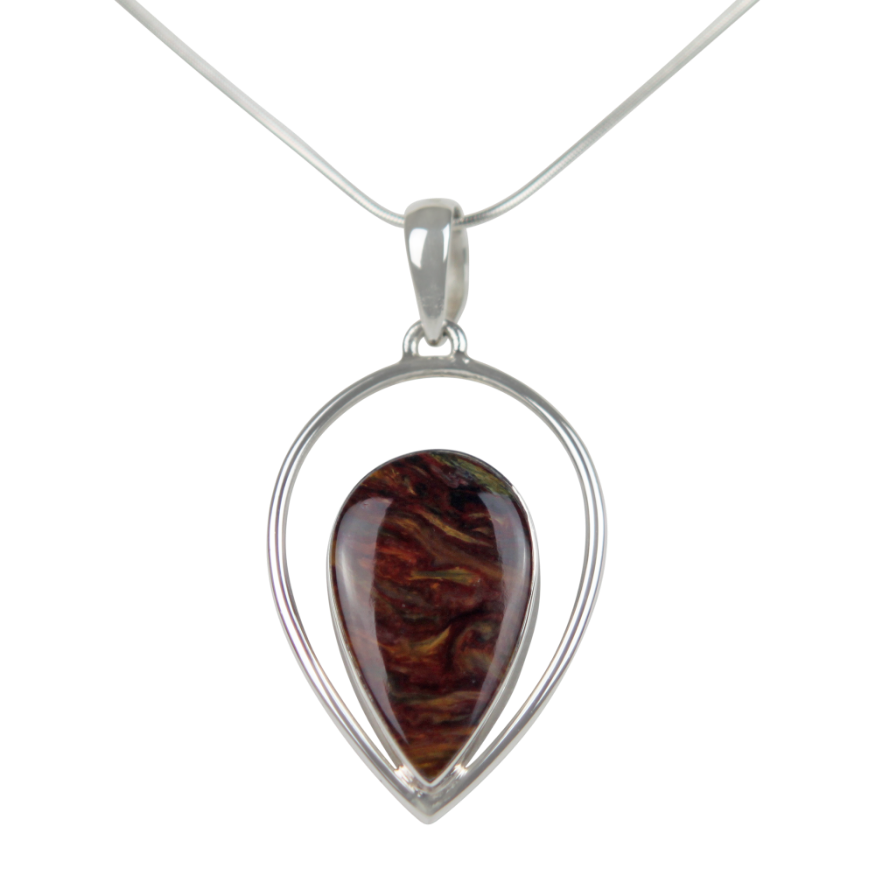 Dual Inverted Tear Drop Steling Silver Pendant with a Beautiful Brown Pietersite Gems Stone