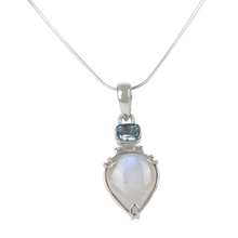 Load image into Gallery viewer, A Charming Inverted Teardrop Shaped Moonstone Pendat Accent with a Beautiful Shiny Faceted Rectangular Blue Topaz

