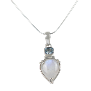 A Charming Inverted Teardrop Shaped Moonstone Pendat Accent with a Beautiful Shiny Faceted Rectangular Blue Topaz