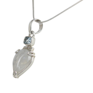 A Charming Inverted Teardrop Shaped Moonstone Pendat Accent with a Beautiful Shiny Faceted Rectangular Blue Topaz