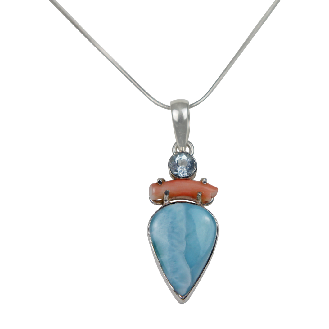 A Charming Inverted Teardrop Shaped Larima Pendat  Accent with a Natural Coral Branch and a Beautiful Faceted Bluetapz