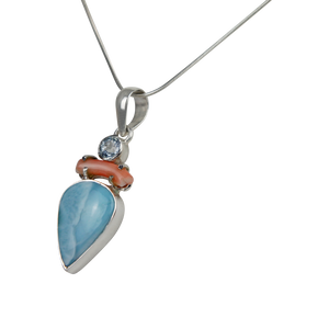 A Charming Inverted Teardrop Shaped Larima Pendat  Accent with a Natural Coral Branch and a Beautiful Faceted Bluetapz