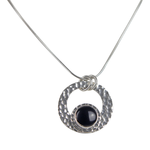 Cabochon Cut Black Spinel in a Beautifully Handcrafted Textured Sterling Silver Pendant