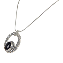 Load image into Gallery viewer, Cabochon Cut Black Spinel in a Beautifully Handcrafted Textured Sterling Silver Pendant
