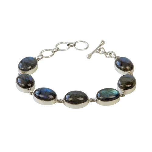 Bracelet with 7 Oval shaped Colourful Labradorite Stones elegantly hand-cast in Sterling Silver