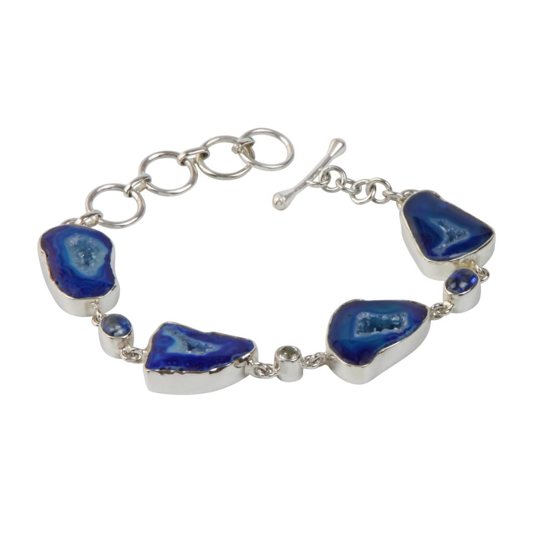 An Exquisite Blue Agate Sterling Silver Bracelet accented with Iolite and White Crystal