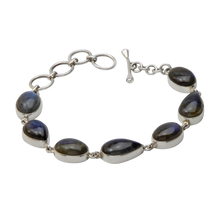 Load image into Gallery viewer, Bracelet with 7 Mixed Shaped Colourful Labradorite Stones elegantly hand-cast in Sterling Silver
