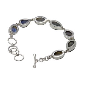 Bracelet with 7 Mixed Shaped Colourful Labradorite Stones elegantly hand-cast in Sterling Silver