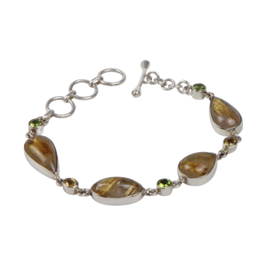 An Elegant Design with 4 Beautiful Goldan Rutiles Set in a Sterling Silver Bracelet and Accented with Small Round Faceted Peridot and Citrine Gems Gems