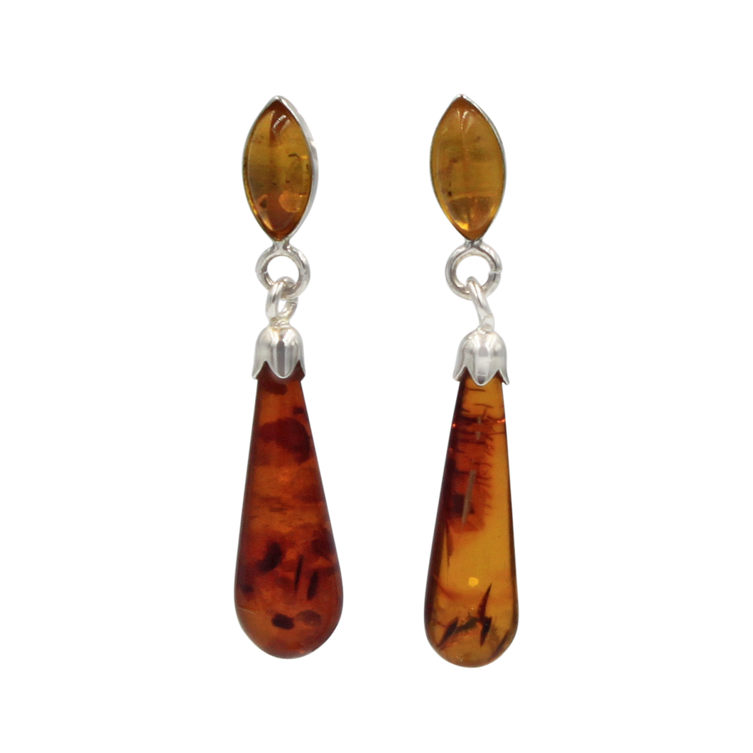 Sterling Silver Double Amber  Drop Earring with a Butterfly Push Back