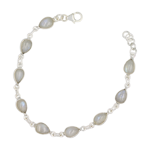 Teardrop shaped Cabochon Rainbow Moonstone Gemstone Classic Sterling Silver Bracelet