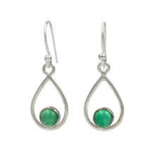 Load image into Gallery viewer, Teardrop wire Earring with small round cabochon Green Onyx
