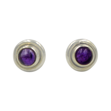 Load image into Gallery viewer, Silver Stud Earrings with half sphere cabochon Amethyst with silver surround
