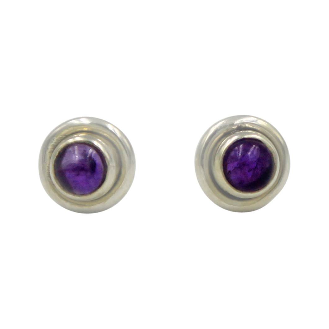Silver Stud Earrings with half sphere cabochon Amethyst with silver surround