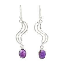 Load image into Gallery viewer, Handcrafted swirl drop earring with oval shaped gemstone
