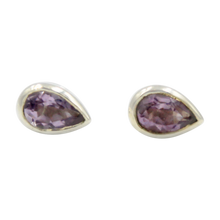 Load image into Gallery viewer, Teardrop Silver Stud Earring with a faceted Amethyst gemstone on open bezel setting
