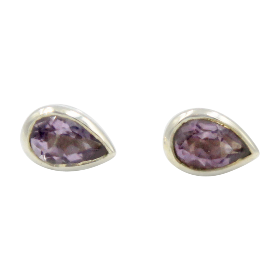 Teardrop Silver Stud Earring with a faceted Amethyst gemstone on open bezel setting