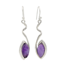 Load image into Gallery viewer, Swirl Twist Long Drop Earring with a beautiful lens shaped natural crystal stone
